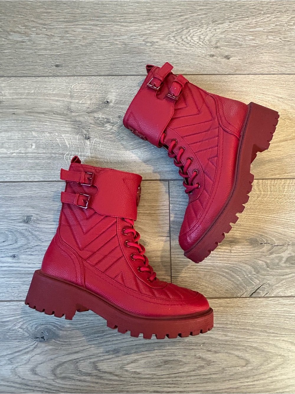 Guess Red Quilted Lace-Up Combat Boots Size 7.5
